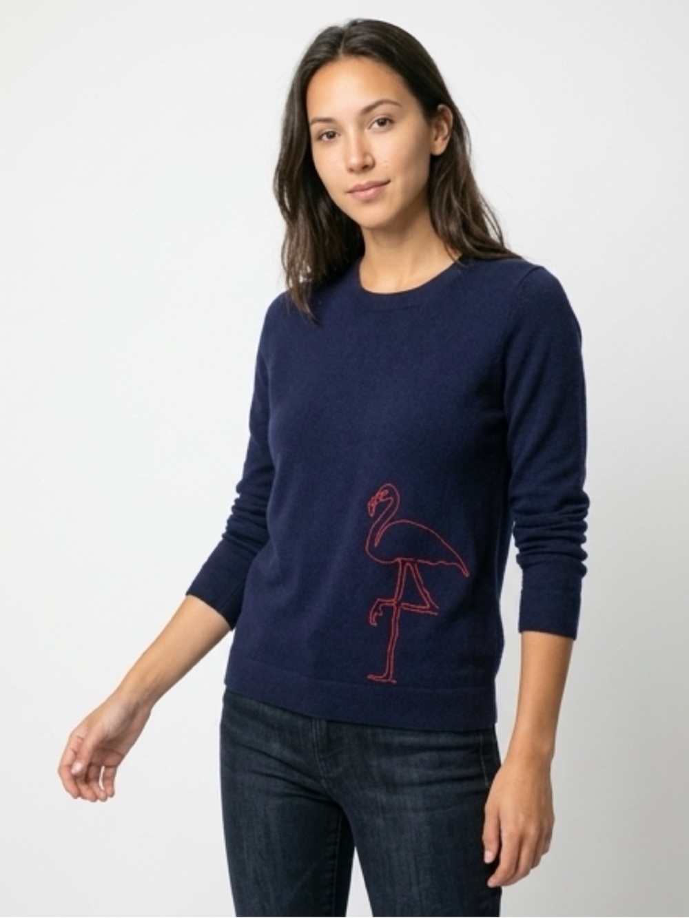 J.Crew Flamingo Sweater Medium Navy Merino Wool Blend Lightweight Crewneck